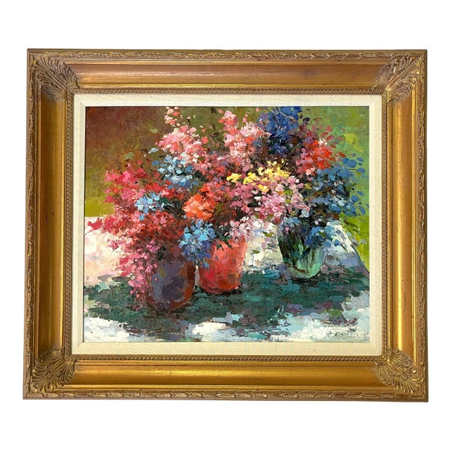 Original Signed and Framed Impressionist Flowers Oil Painting on Canvas For Sale