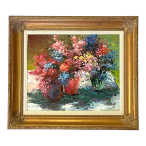 Original Signed and Framed Impressionist Flowers Oil Painting on Canvas