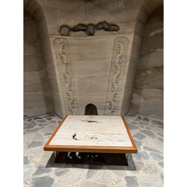 1960s Square Coffee Table Travertine & Mahogany Low Profile For Sale - Image 13 of 13