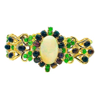 Bochic “Capri” Vintage Diamond, Black Opal & Tsevorite Bracelet Set In 18K & Silver For Sale