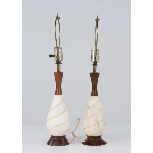 Wood Mid Century Marble Walnut Lamps Italy - a Pair For Sale - Image 7 of 13