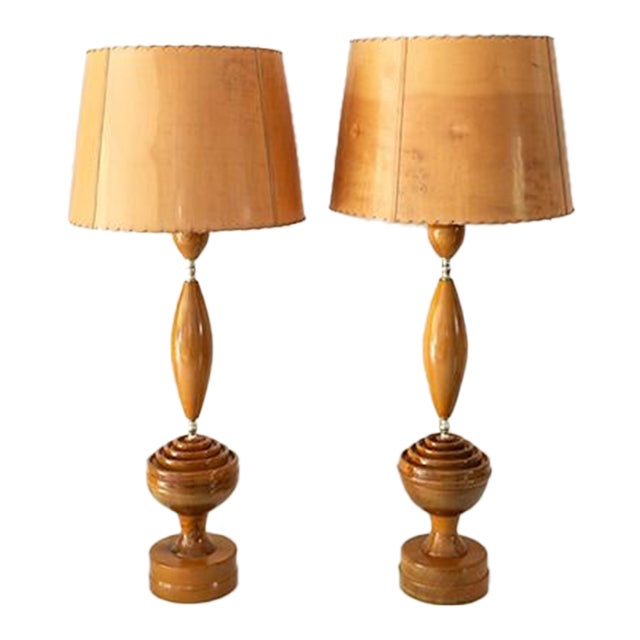 1960's Mid Century Modern Wood Table Lamps - Pair, Myrtlewood For Sale