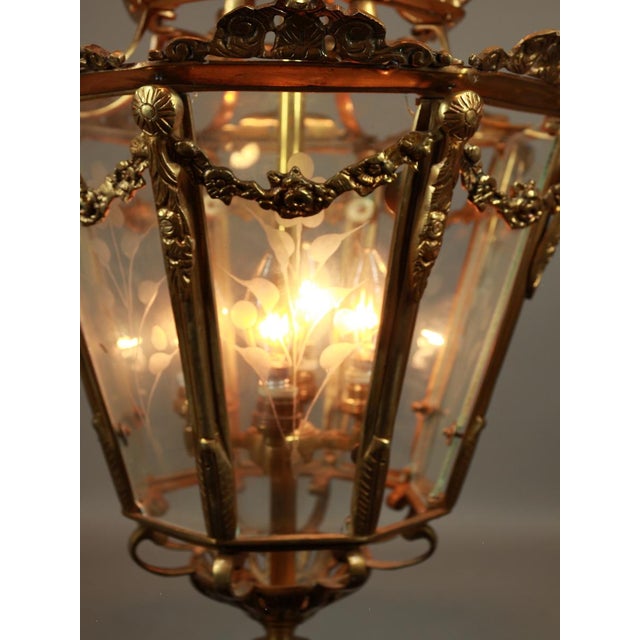 Bronze 1970 French Louis XVI Gold Bronze Glass Lantern Chandelier For Sale - Image 8 of 16
