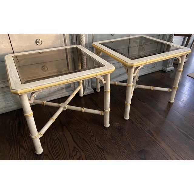 Pair Vintage Faux Bamboo Glass Top Tables For Sale - Image 4 of 8