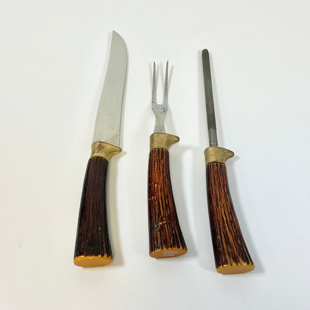 Sheffield Silver Co. 1950s Vintage Sheffield English Rustic European Faux Stag Horn Cutlery - Set of 3. For Sale - Image 4 of 9
