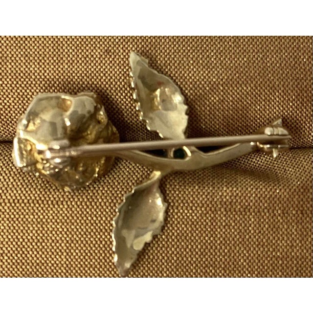 Traditional 14k Gold Pin in Shape of Long Stemmed Rose With Ruby and Emerald Accent For Sale - Image 3 of 3