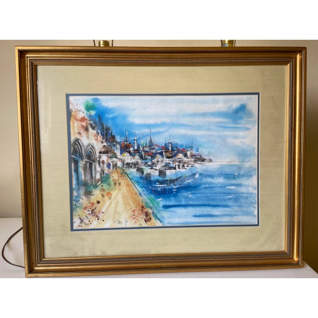 Vintage City and Seaside Watercolor Framed Original Signed Painting For Sale - Image 9 of 9