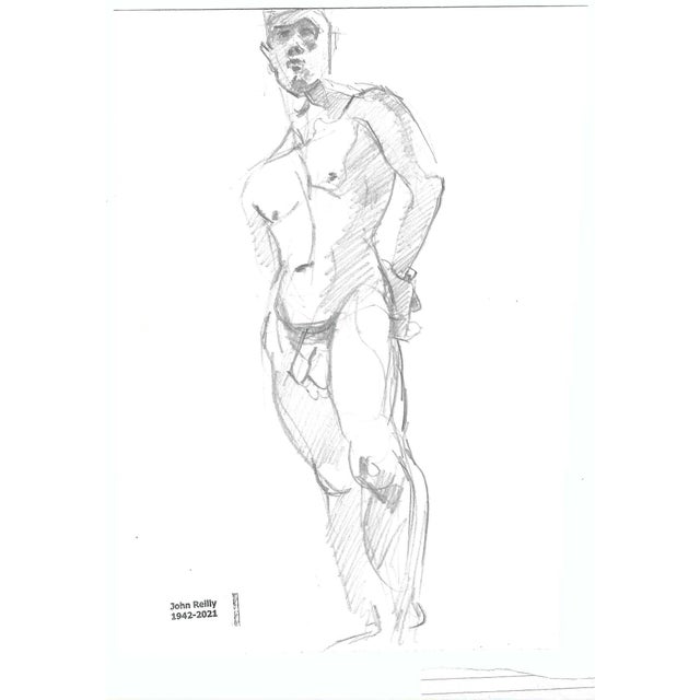 1980s male nude drawing by Pennsylvania artist John Reilly (1942-2021). Estate stamp on one side. Combined shipping...