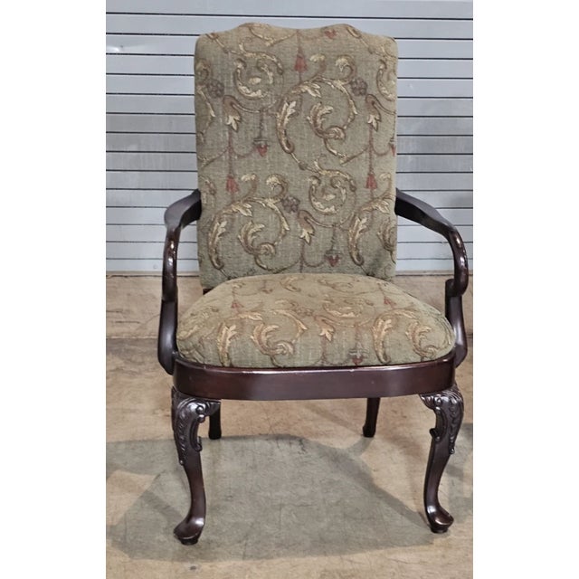 Store Item: Pair of Henredon Mahogany Open Arm Chairs Queen Anne Style Designer Fabric Description: Great Pair of High End...