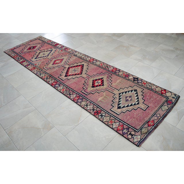 1960s Runner Rug Turkish Hand-Knotted Rug Pink Hallway Decor Kitchen Runner 3x10 Ft Approx For Sale - Image 9 of 14