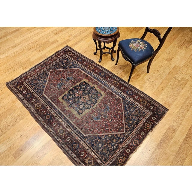 19th Century Persian Bidjar Rug, Handwoven Geometric Pattern, Burgundy & Blue, 5’ X 7’ For Sale - Image 4 of 12