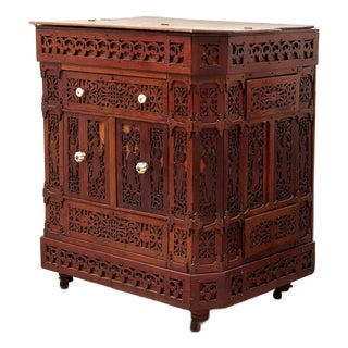 Asian Heavily Hand Carved Flip Top Dry Bar Cabinet For Sale