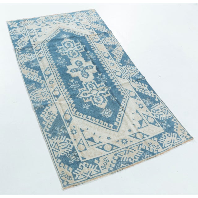 Vintage Circa 1940 Blue Turkish Oushak Hand Knotted Wool Rug 3ft 2in X 5ft 7in For Sale - Image 4 of 8