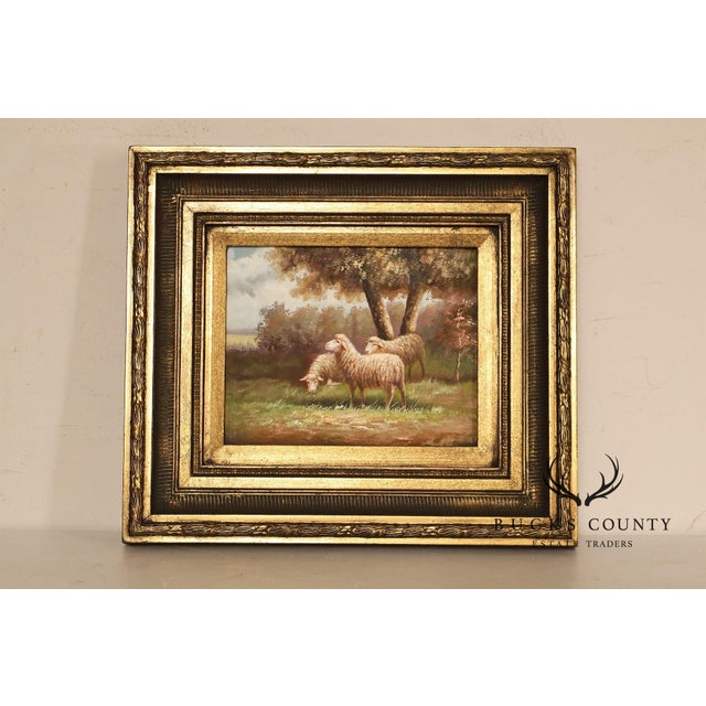 Continental Style Pair of Pastoral Landscape Paintings With Sheep For Sale - Image 11 of 18