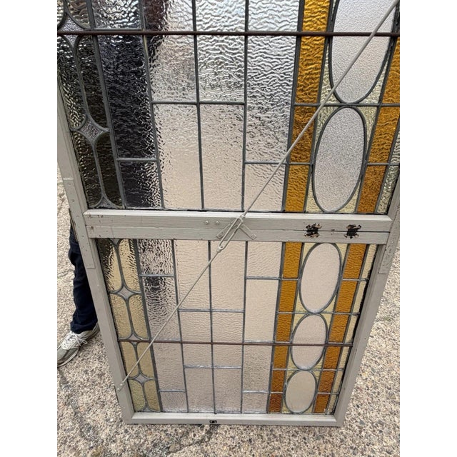 Antique Victorian Amber Stained Leaded Glass Double Window Converted to Door For Sale - Image 11 of 18