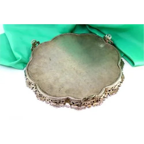 Silver Plated Salver with Scalloped and Guilloche Grid For Sale - Image 3 of 7