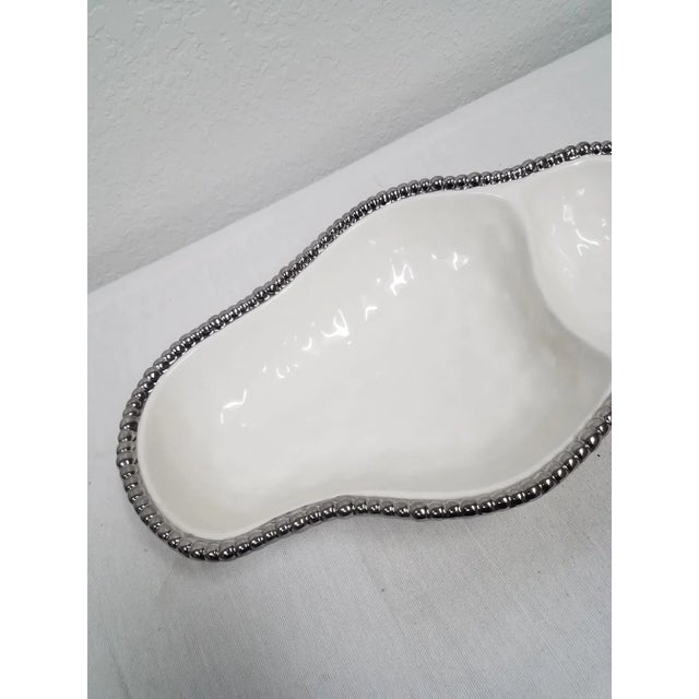 2010s All Porcelain White With Silver Beading Two Section Serving Piece For Sale - Image 5 of 8