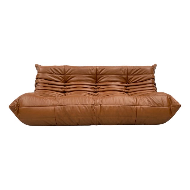 French Togo 3-Seater Sofa in Dark Cognac Leather attributed to Michel Ducaroy for Ligne Roset For Sale