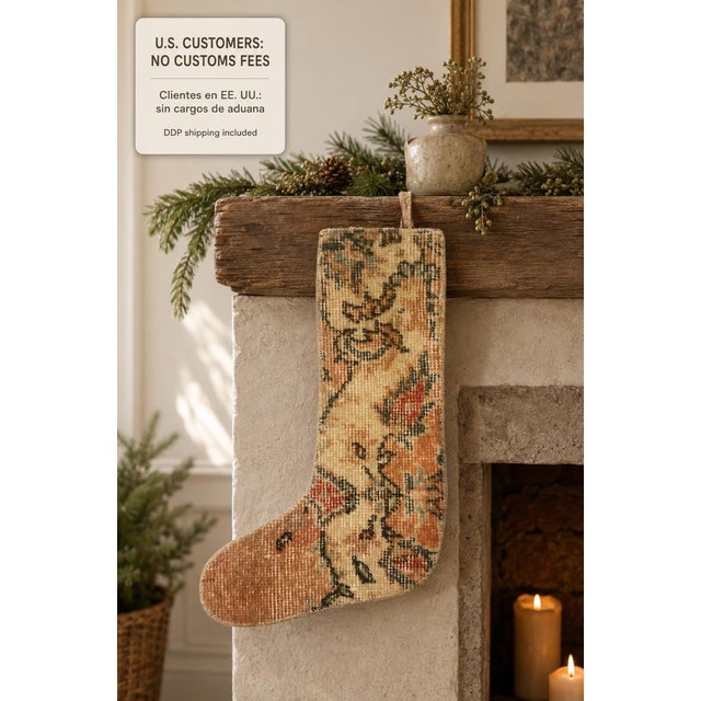 Terracotta & Red Accent Vintage Kilim Christmas Stocking, Cream Wool, 11.8 X 17.7 in – One of a Kind Turkish Decor For Sale - Image 6 of 6