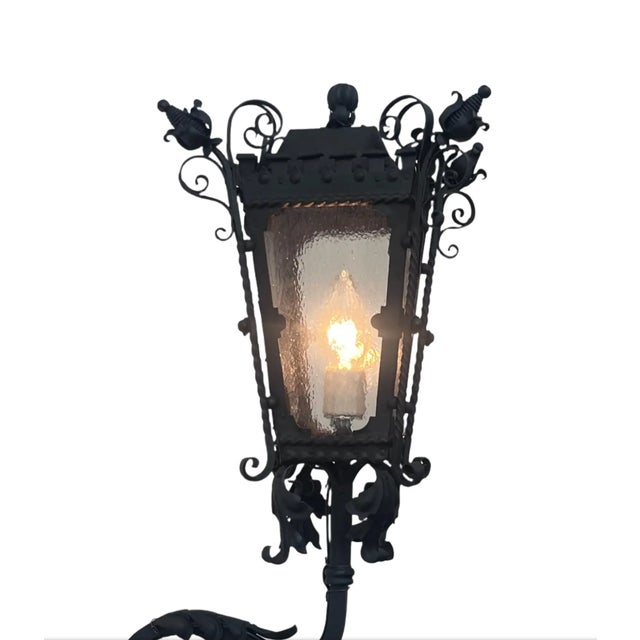 1920s Spanish Revival Wrought Iron Exterior Lantern Sconce For Sale - Image 4 of 6