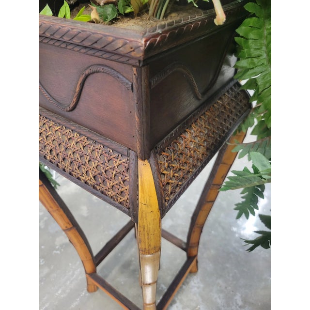 1990s Coastal Regency Wicker Bamboo Tall Artificial Fern Filled Floor Planters- A Pair For Sale - Image 10 of 10