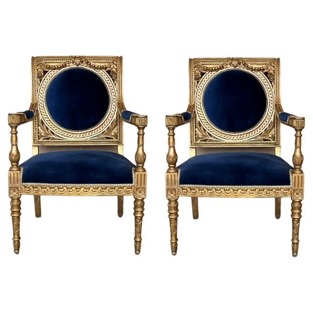 Pair of Louis XVI Style Giltwood Armchairs With Blue Klein Velvet For Sale - Image 13 of 13