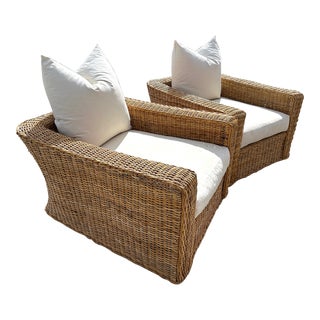 Pair of Michael Taylor Style Oversized Woven Rattan Lounge Chairs For Sale