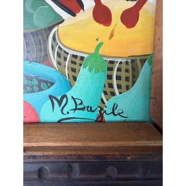 M. Bazile Haitian Folk Art Market Scene Oil on Masonite Board – Framed For Sale - Image 9 of 12