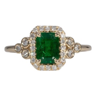 Zambian Emerald Ring With Earth-Mined Diamond Accents in Solid 14k Gold, 7x5mm For Sale