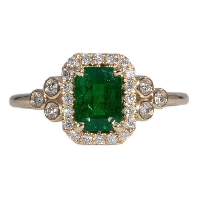 Zambian Emerald Ring With Earth-Mined Diamond Accents in Solid 14k Gold, 7x5mm For Sale