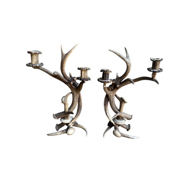 Pair of German antler candlelabras. Table decor for your mountain home. Found in Bavaria. Made with real deer antlers.