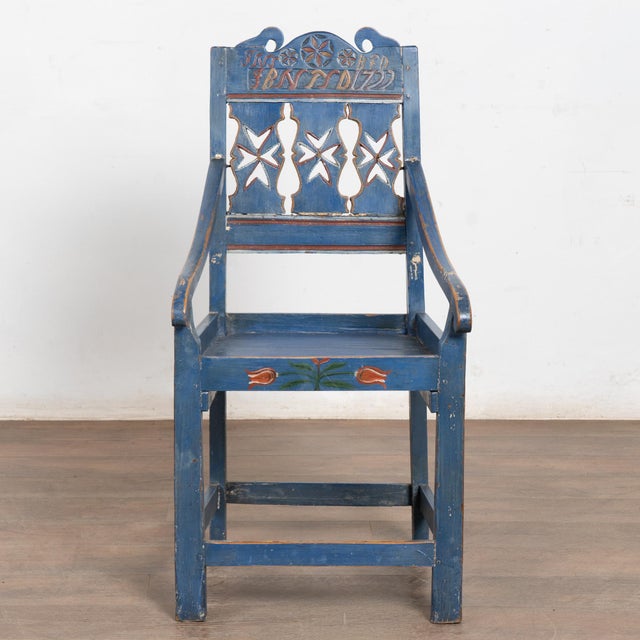 Original Blue Painted and Carved Swedish Chair, Dated 1722 Early 18th-century Swedish pine chair retaining its original...