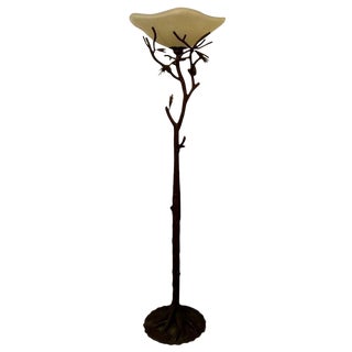 Patinated Faux Bois Wrought Iron Torchiere Floor Lamp For Sale