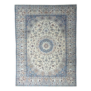 Hand-Knotted Nain 9LA Oriental Rug with Silk in Cream & Blue For Sale