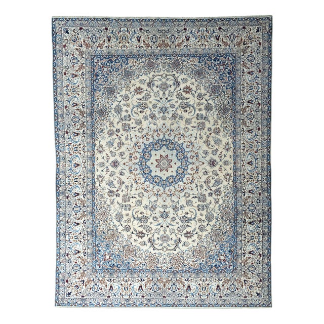 Hand-Knotted Nain 9LA Oriental Rug with Silk in Cream & Blue For Sale