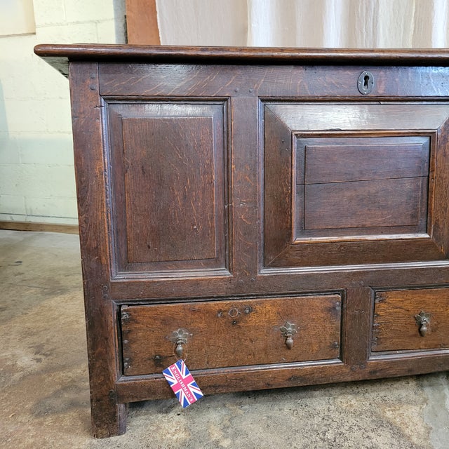 18th Century 18th Century Period Oak Mule Chest/Trunk With Paneled Front and 2 Drawer Base For Sale - Image 5 of 12