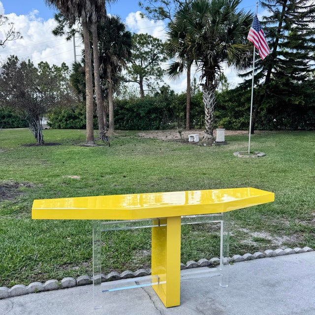 Postmodern Yellow Lacquer Laminate and Lucite Console Table For Sale In West Palm - Image 6 of 8