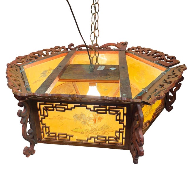 1950s Mid-Century Carved Chinese Rosewood Painted Lantern Hanging Chandelier Lamp For Sale - Image 12 of 14