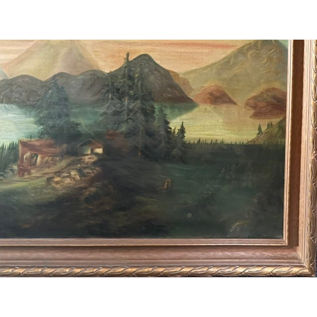 Wood Antique Landscape Painting - Atmospheric Mountains Around a Camp For Sale - Image 7 of 13