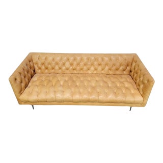 West Elm Mid-Century Modern Style Tufted Chesterfield Leather Sofa For Sale