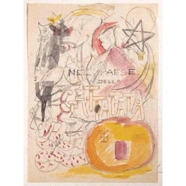 Modern Mino Maccari, In the Land of the Cat, Watercolor & Ink, 1950s, Framed For Sale - Image 3 of 4