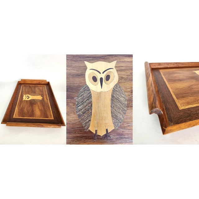 Chestnut Vintage Inlaid Wood Serving Tray – Handcrafted Marquetry Owl Motif For Sale - Image 8 of 11