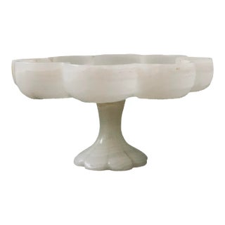Vintage Natural Stone Onyx Hand Carved Scalloped Pedestal Centerpiece Bowl With Eight ‘Petals’ in the Shape of a Flower For Sale