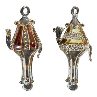 Pair Vintage Hand Blown Red & Gold Figural Glass Camel Christmas Tree Ornaments For Sale