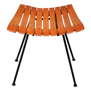 Vintage Arthur Umanoff Style Slatted Wood & Iron Stool Ottoman – Rare Backless Form, 1950s For Sale