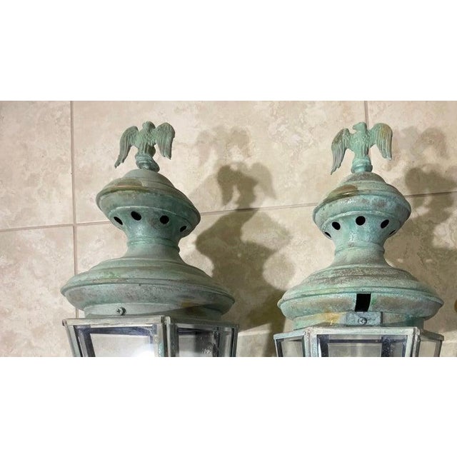 Metal Magnificent Pair of Vintage Solid Brass Eagle-Topped Wall Lanterns For Sale - Image 7 of 17