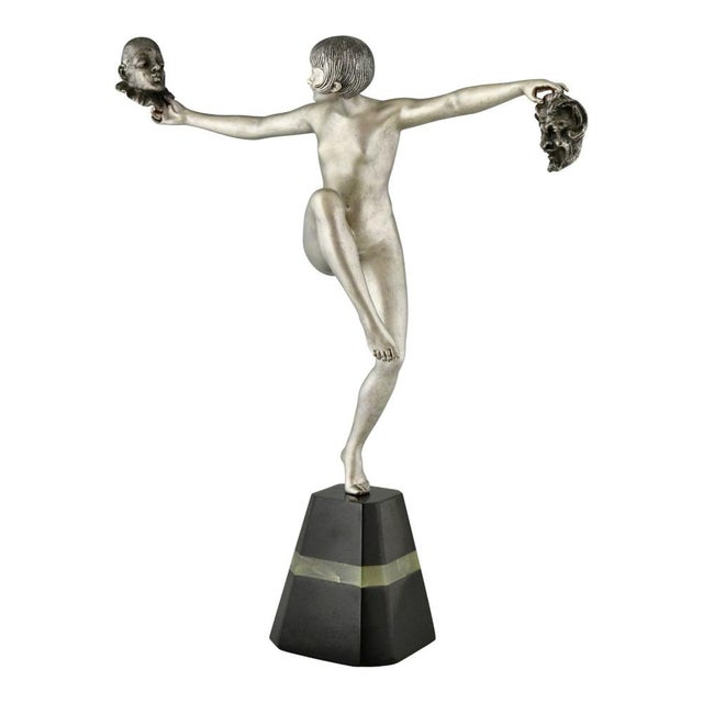 Metal Art Deco Bronze & Marble & Onyx Sculpture Mask Dancer by Desire Grisard, 1925 For Sale - Image 7 of 11