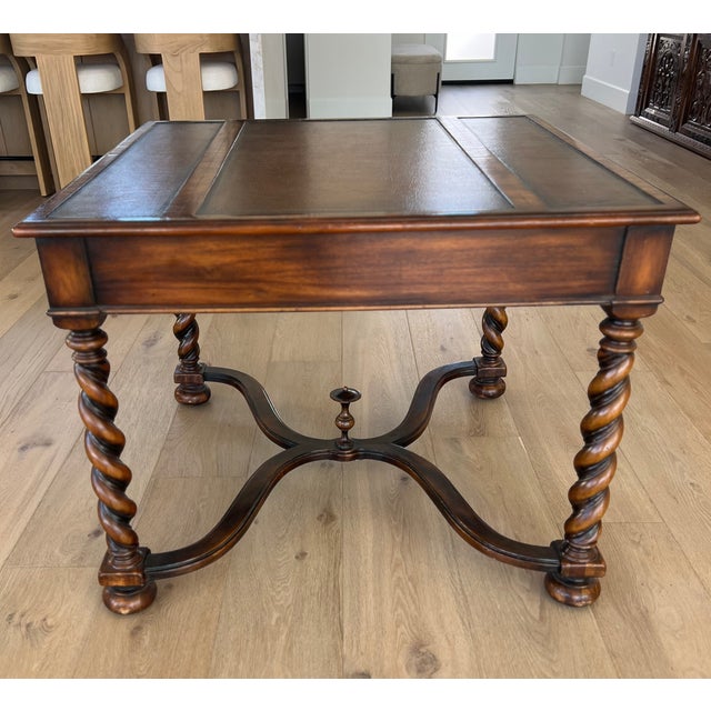 John-Richard 39" X 39" X 30"h Eur-03-0108 Leather Top Walnut Game Table (Mah Jongg) and 4 Red Palecek Bamboo Chippendale Style Dining Chairs For Sale In Palm Springs - Image 6 of 10