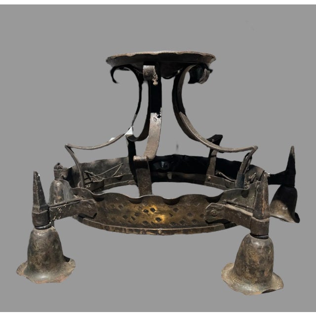 Metal Vintage Cast Metal Arts & Crafts Style Round Hanging Chandelier Light Fixture For Sale - Image 7 of 9