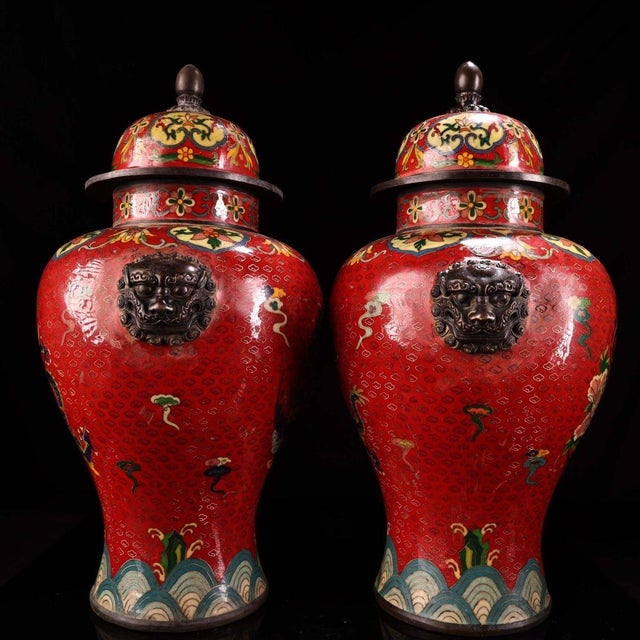 Traditional Pair of Gilt Bronze Cloisonné Enamel Dragon Motif Temple Jars For Sale - Image 3 of 9